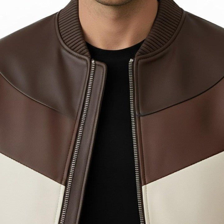 Mens Black Genuine Leather Jacket  Red  White Stripe Detail