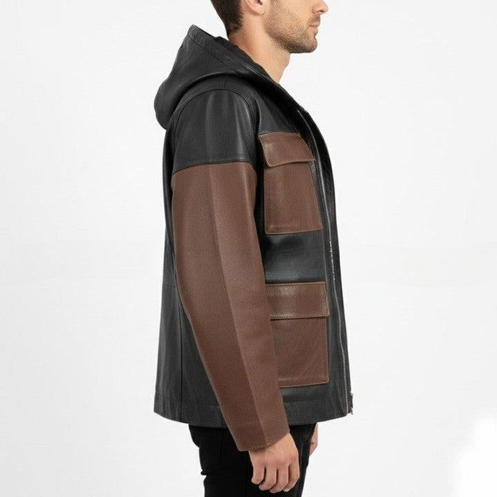 Mens Black and Brown Leather Hooded Jacket with Front Pockets  Casual Zip Front Outerwear