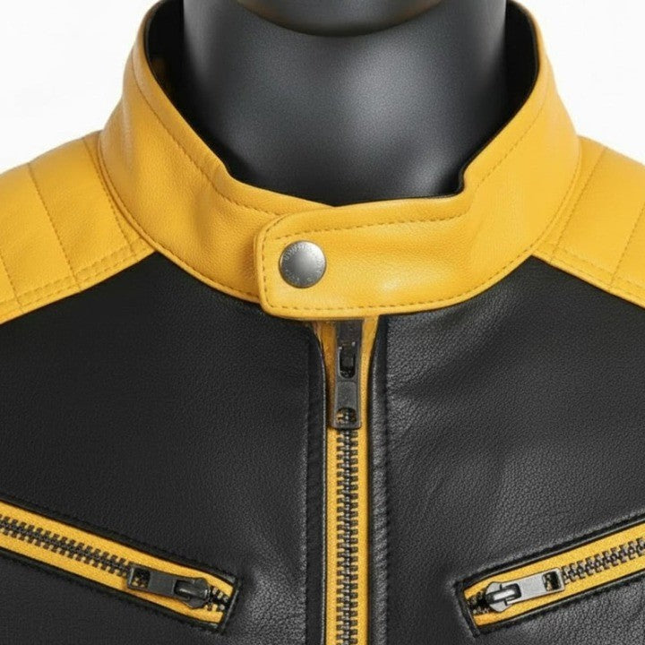 Mens TwoTone Genuine Leather Jacket  Black  Yellow Trim