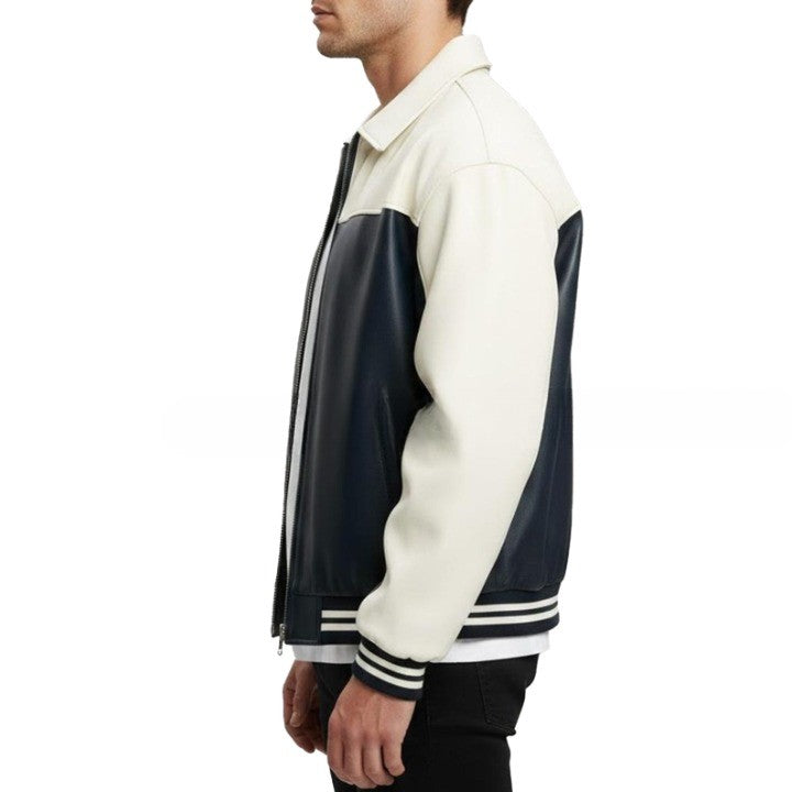 Two Tone Black and Cream Mens Leather Jacket with Front Zip and Ribbed Cuffs