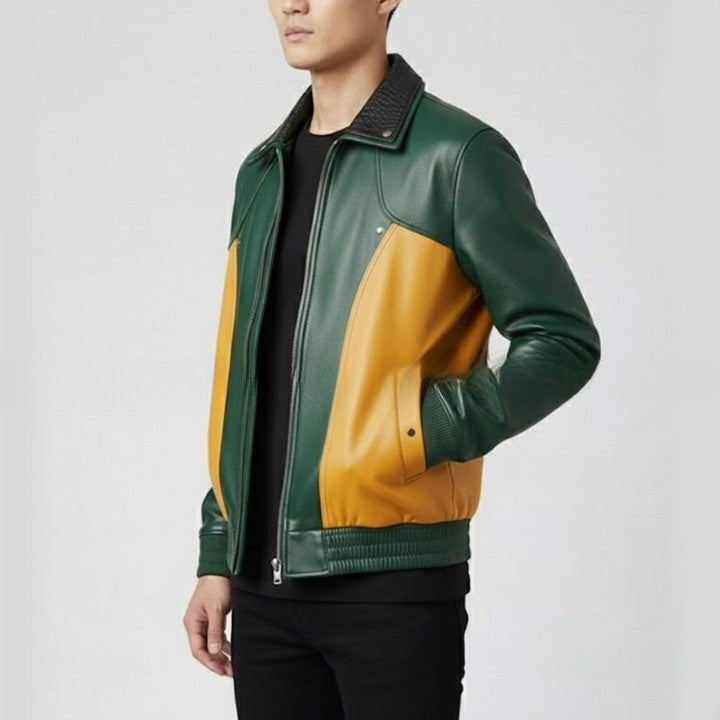 Mens Genuine Leather Bomber Jacket Green Mustard Two Tone Casual Outerwear