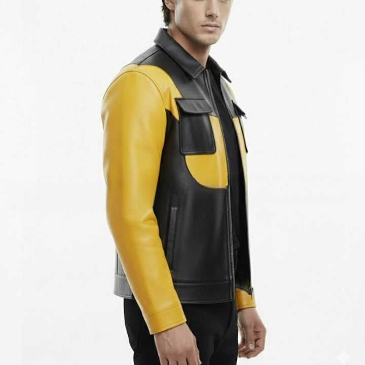 Mens Black  Yellow Genuine Leather Jacket  Modern Casual Style