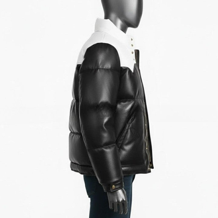 Black Padded Jacket with White Yoke Detail For Men  Genuine Leather Puffer Coat