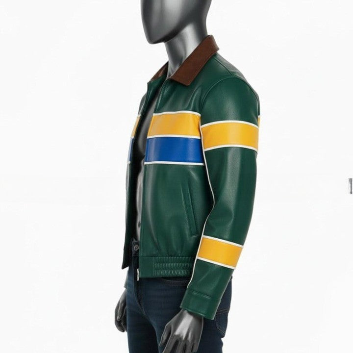 Genuine Leather Blue Jacket with Yellow And Blue Accent Panels