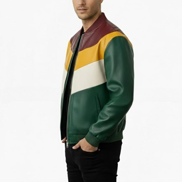 Mens Green Leather Jacket with Yellow  Cream Panel Design  Modern Zip Front Casual Jacket