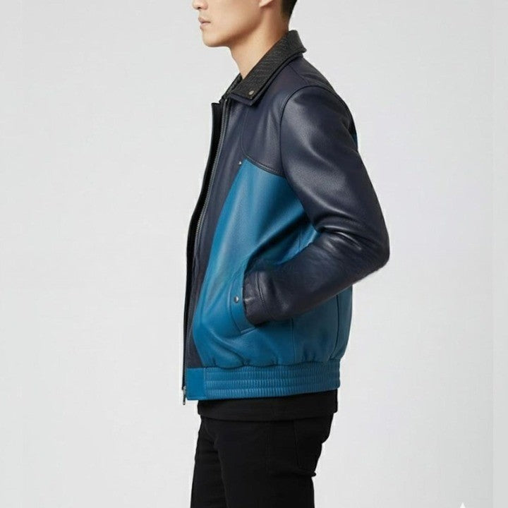 Mens Two Tone Leather Jacket   Navy  Teal Zip Up Casual Biker Style Coat