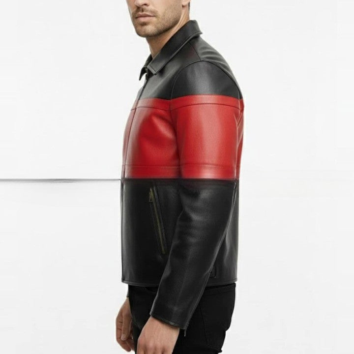 Red Stripe Black Leather Jacket for Men Modern Panel Design Zip Jacket