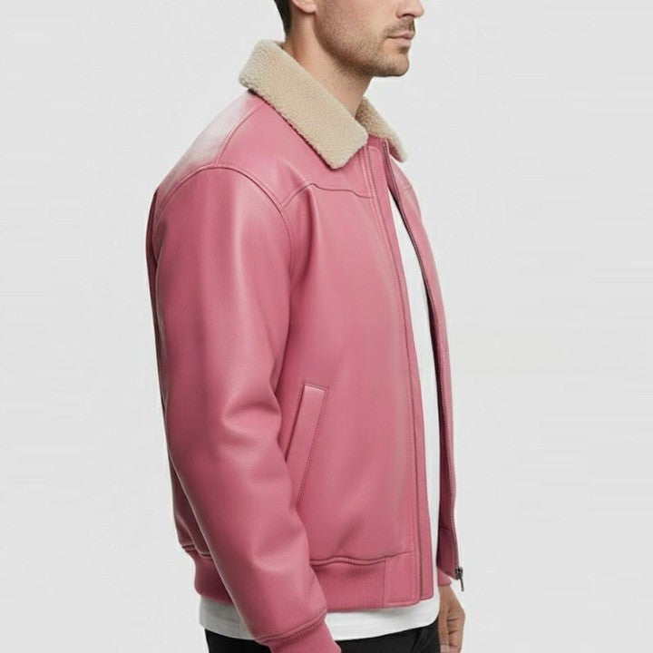 Pink Leather Jacket with Soft Shearling Collar for Men