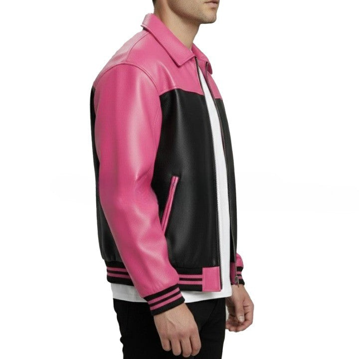 Pink and Black Mens Genuine Leather Jacket with Zip Front and Contrast Panel Styling