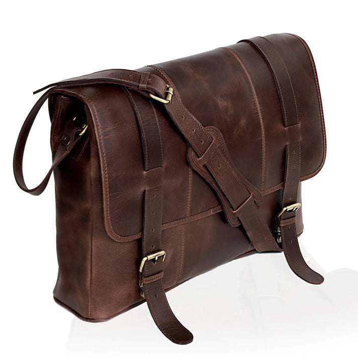LUXE VOYAGER LEATHER MESSENGER  BROWN  18 L x 5 W x 13 H