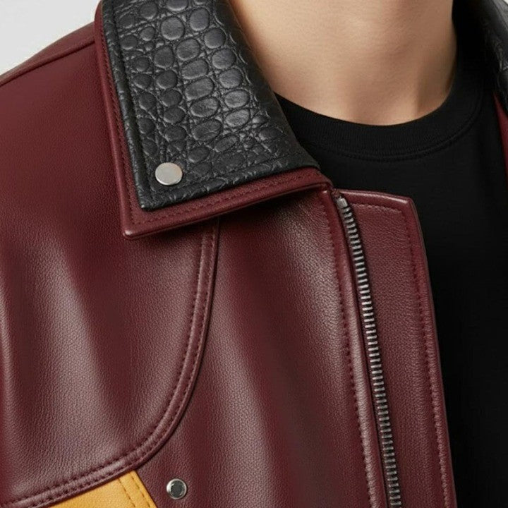 Mens Two Tone Leather Jacket  Burgundy  Mustard Zip Up Casual Retro Style Coat