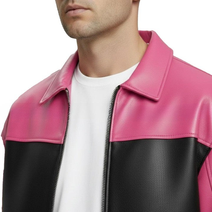 Pink and Black Mens Genuine Leather Jacket with Zip Front and Contrast Panel Styling