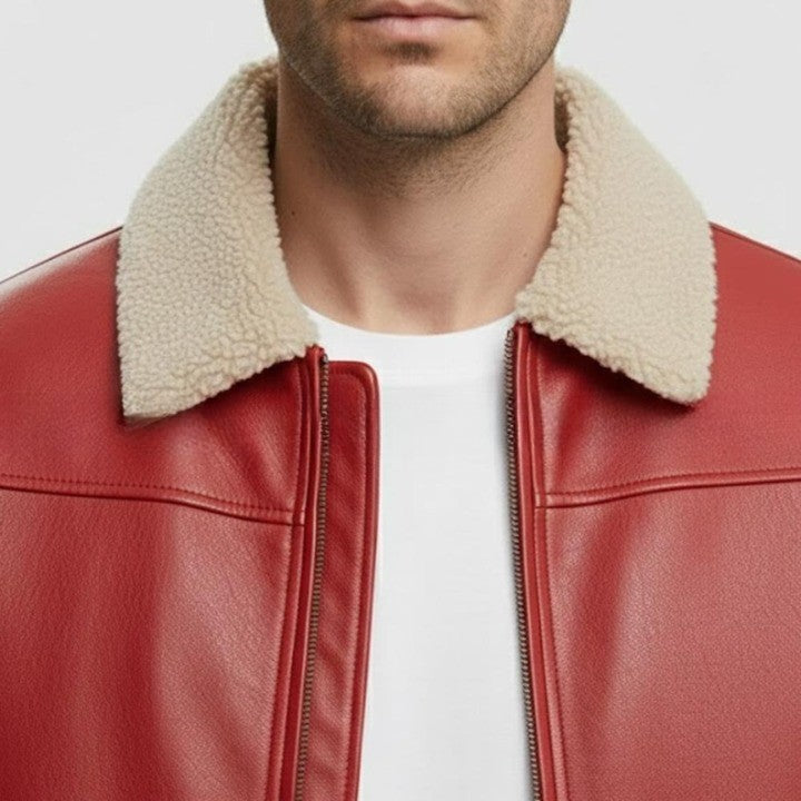 Mens Red Genuine Leather Bomber Jacket Shearling Collar Aviator Style
