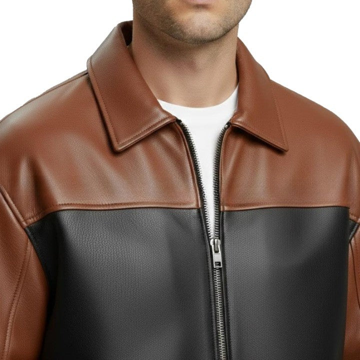 Men’s Brown & Black Leather Bomber Jacket – Classic Contrast Zip-Up Style