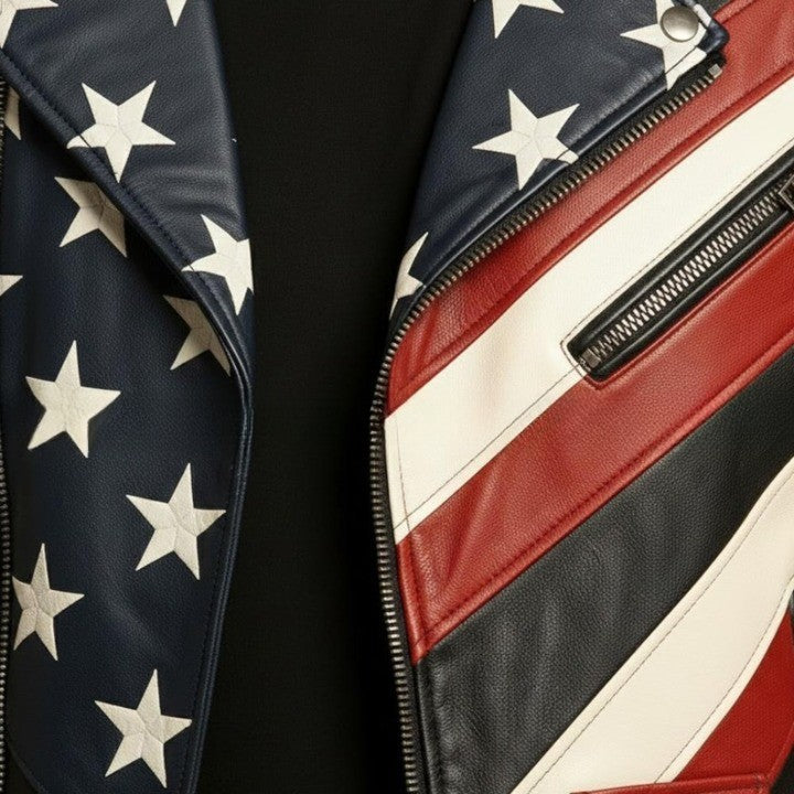 American Flag Genuine Leather Jacket Black Biker USA Jacket with Star And Stripe Panels