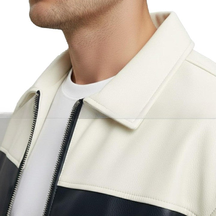 Two Tone Black and Cream Mens Leather Jacket with Front Zip and Ribbed Cuffs