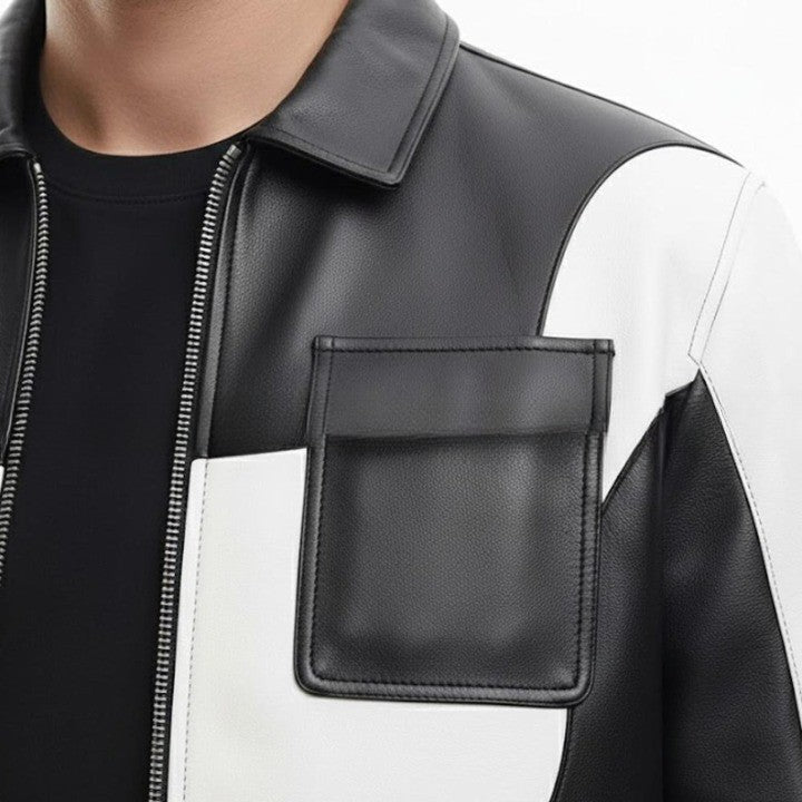 Mens Black  White Genuine Leather Jacket  Modern Zip Front