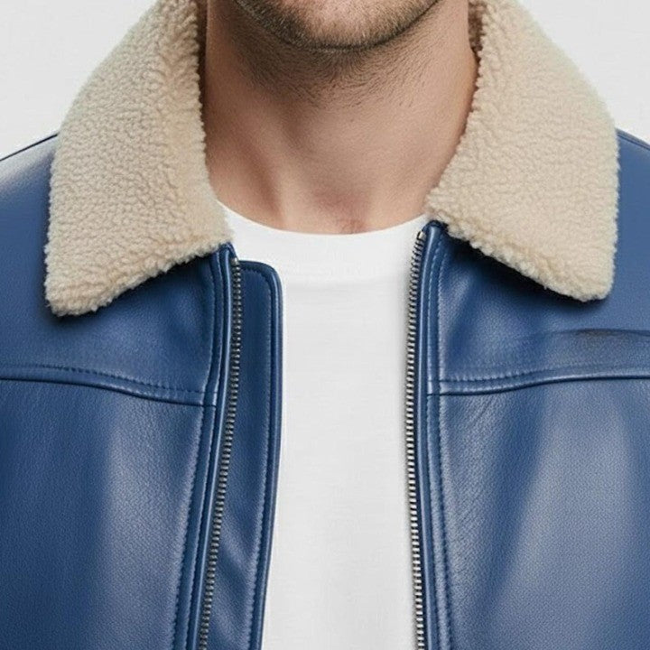 Mens Blue Leather Jacket with Warm Collar and Modern Fit