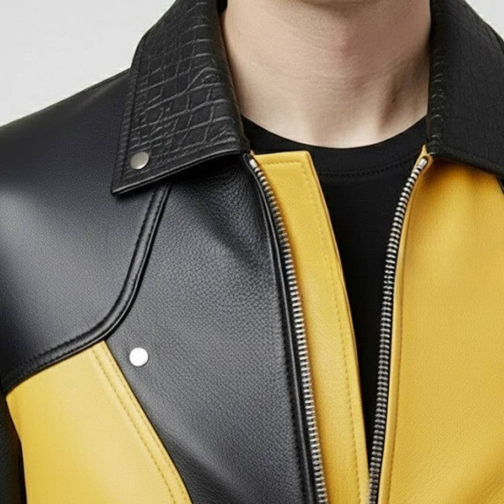 Mens Yellow and Black Leather Jacket Color Block Genuine Leather Bomber Modern Zip Up Moto Jacket Stylish Streetwear Outerwear Gift