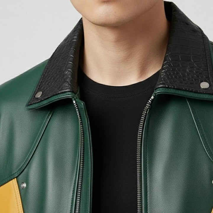 Mens Genuine Leather Bomber Jacket Green Mustard Two Tone Casual Outerwear
