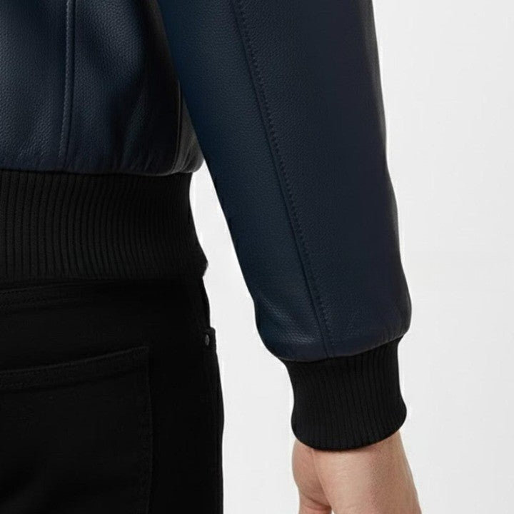 USA Text Navy Color Genuine Leather Jacket with Contrast Arm Stripe Detail