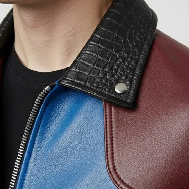 Mens Burgundy and Blue Leather Jacket Color Block Genuine Leather Bomber Jacket Modern Zip Front Moto Jacket Stylish Streetwear Gift -