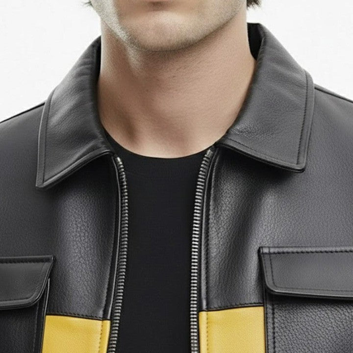 Mens Black  Yellow Genuine Leather Jacket  Modern Casual Style