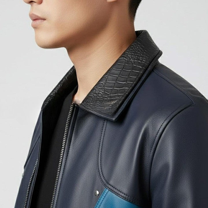 Mens Two Tone Leather Jacket   Navy  Teal Zip Up Casual Biker Style Coat