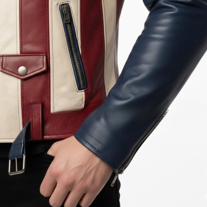 American Style USA Flag Asymmetrical Color Panel Biker Style Genuine Leather Jacket for Men