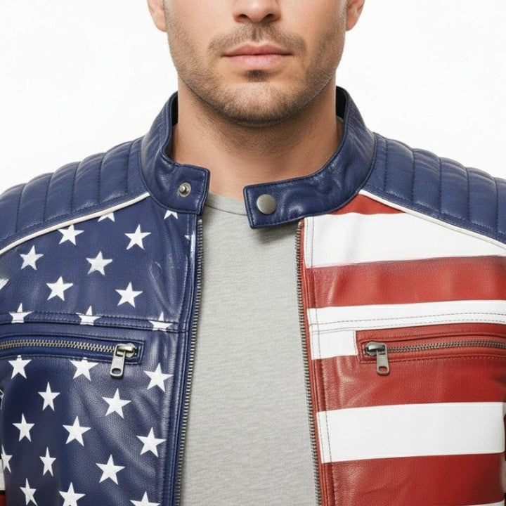 Genuine Leather TwoTone Panel Jacket with Star and Stripe Style Detailing
