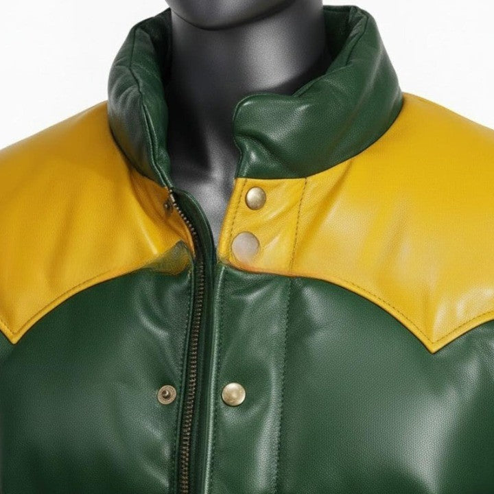 Mens Green Leather Puffer Jacket  Yellow Yoke Winter Coat
