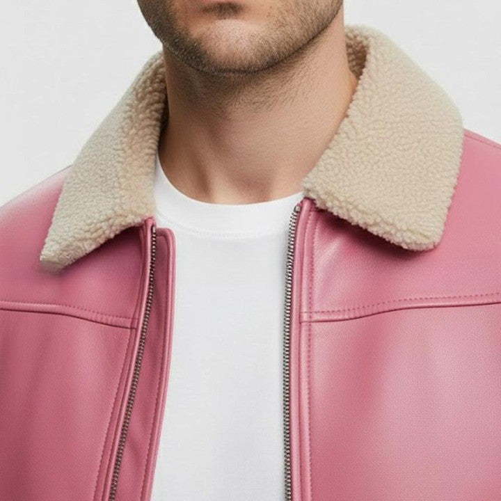 Pink Leather Jacket with Soft Shearling Collar for Men