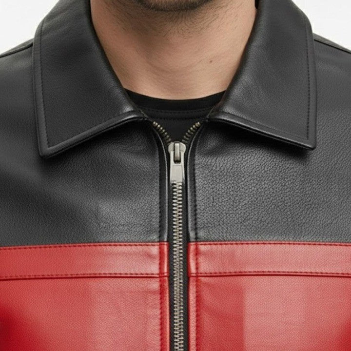 Red Stripe Black Leather Jacket for Men Modern Panel Design Zip Jacket