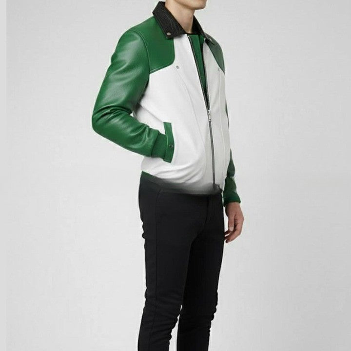 Mens Green and White Leather Jacket Color Block Genuine Leather Bomber Jacket Modern Zip Up Casual Moto Jacket Trendy Street Style Coat