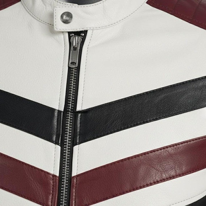 Mens Genuine Leather Racing Jacket  Contrast Panel Fashion Coat