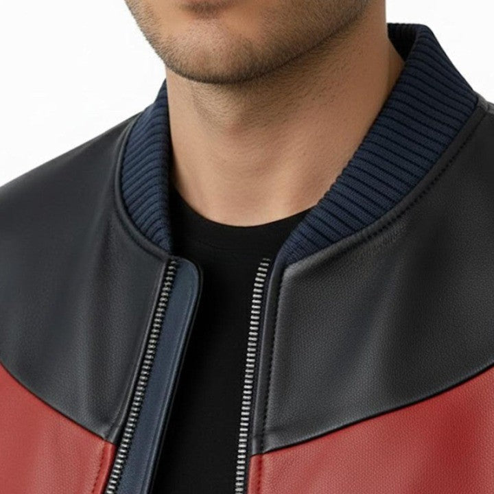 Mens Genuine Leather Bomber Jacket  Navy Red  Cream Panel Design