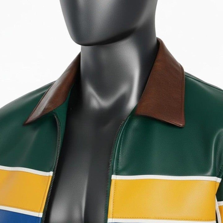 Genuine Leather Blue Jacket with Yellow And Blue Accent Panels