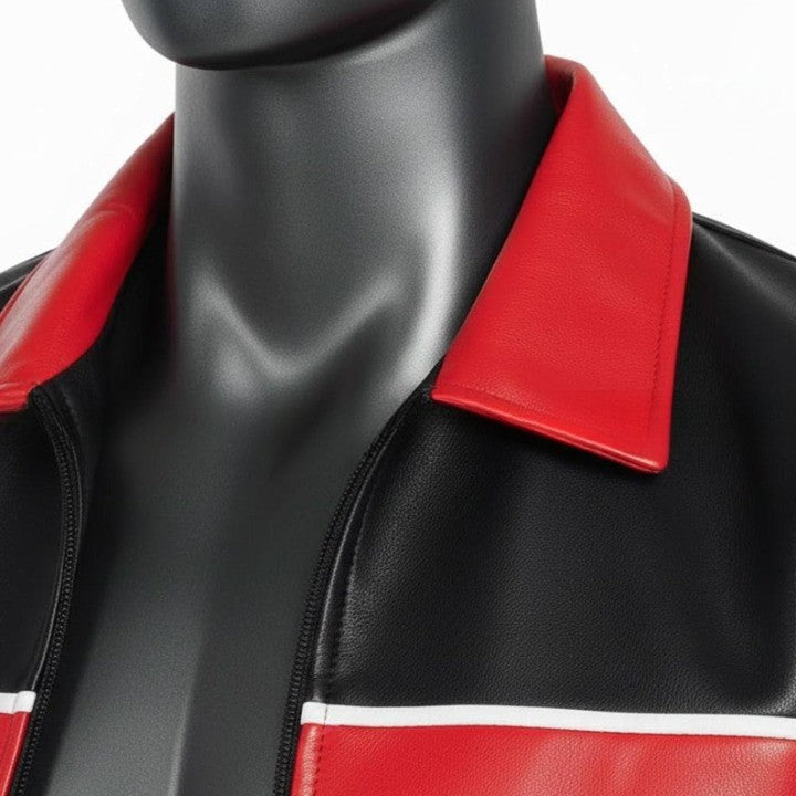 Black Jacket with Red and Blue Panel Design For Men  Genuine Leather Puffer Coat