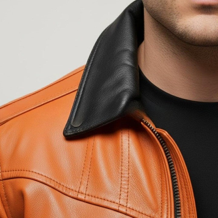 Original Leather Orange Zipper Jacket with Black Contrast Pocket And Collar Details