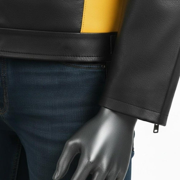 Mens TwoTone Genuine Leather Jacket  Black  Yellow Trim
