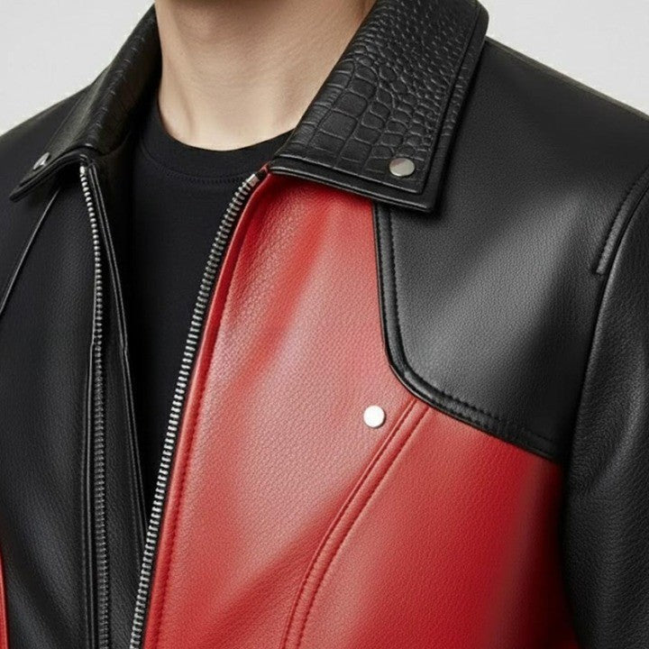 Mens Red and Black Leather Bomber Jacket Genuine Leather Zip Up Jacket Modern Two Tone Moto Style Coat Streetwear Biker Jacket Gift