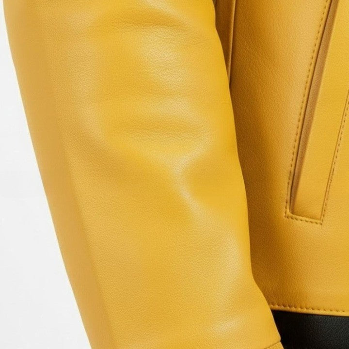 Mens Black and Yellow Leather Hooded Jacket with Front Pockets  Casual Zip Front Jackets