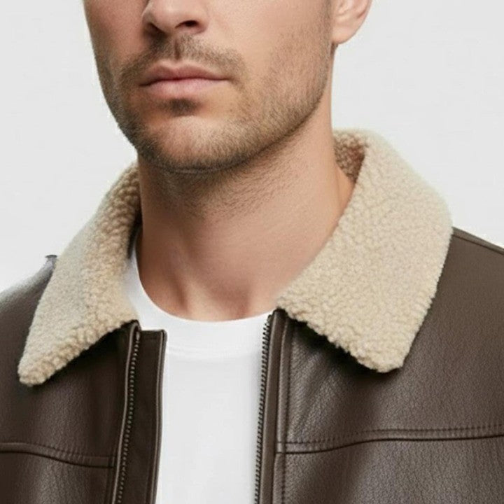 Mens Brown Genuine Leather Bomber Jacket  Sherpa Collar Aviator Style