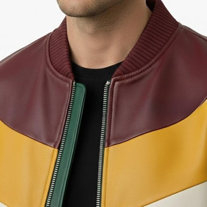 Mens Green Leather Jacket with Yellow  Cream Panel Design  Modern Zip Front Casual Jacket