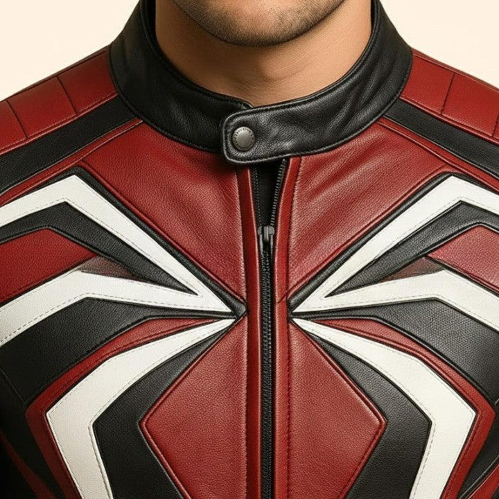 Black and Red Original Leather Jacket with Angular Geometric Line Design