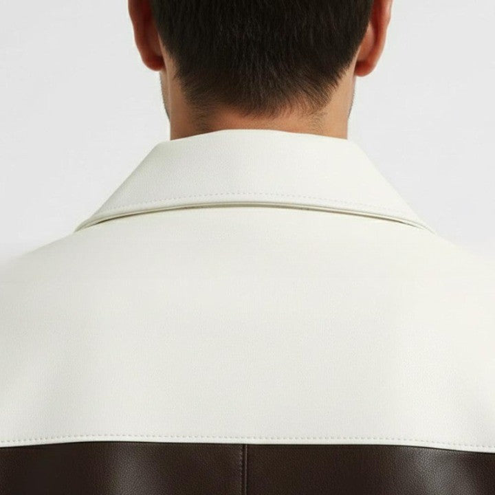Two Tone Genuine Leather Jacket  Cream  Brown Zip Front