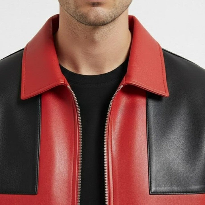 Red and Black Color Block Leather Jacket for Men  Urban Streetwear Zip Jacket