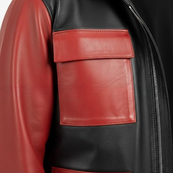 Mens Black and Red Genuine Leather Hooded Jacket  Zip Front Coat