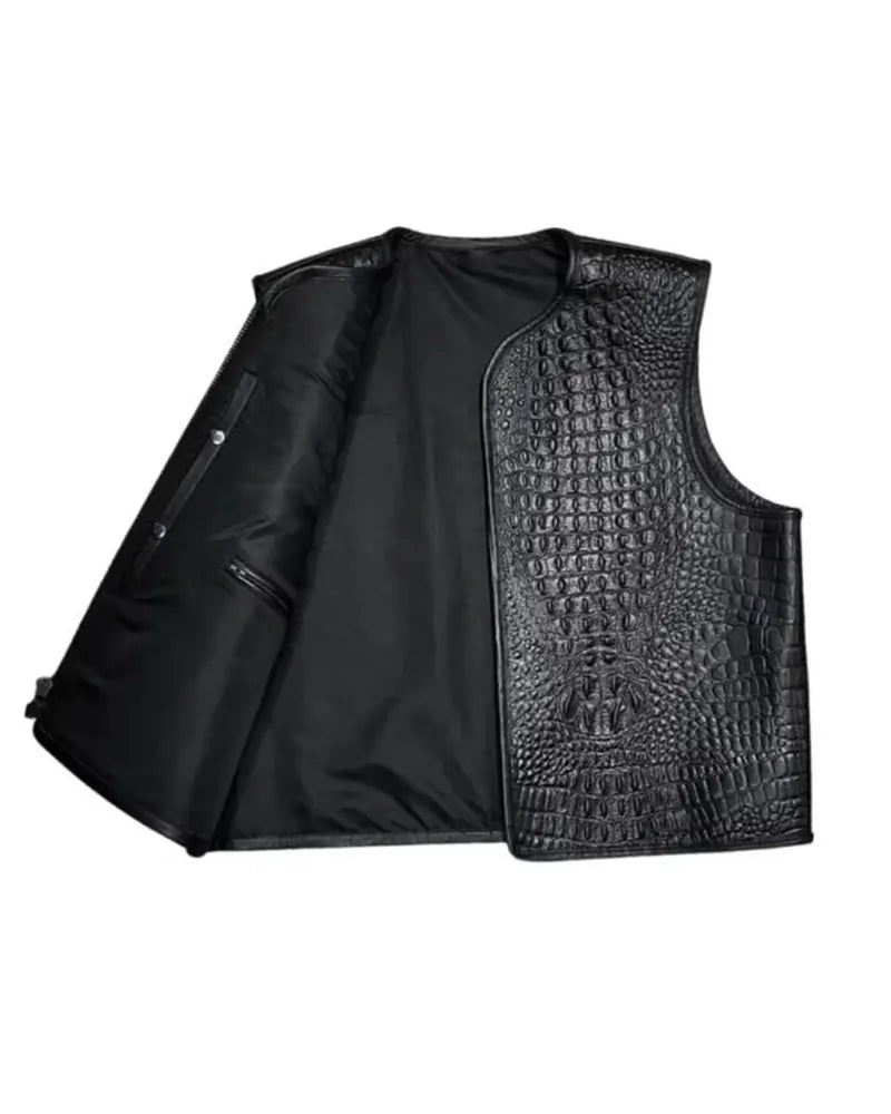 Men’s Black Embossed Biker Leather Vest