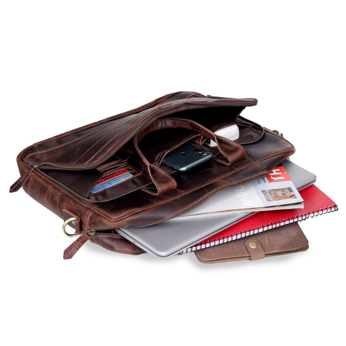 AUSTIN LAPTOP LEATHER BRIEFCASE  BURGUNDY  16 inch